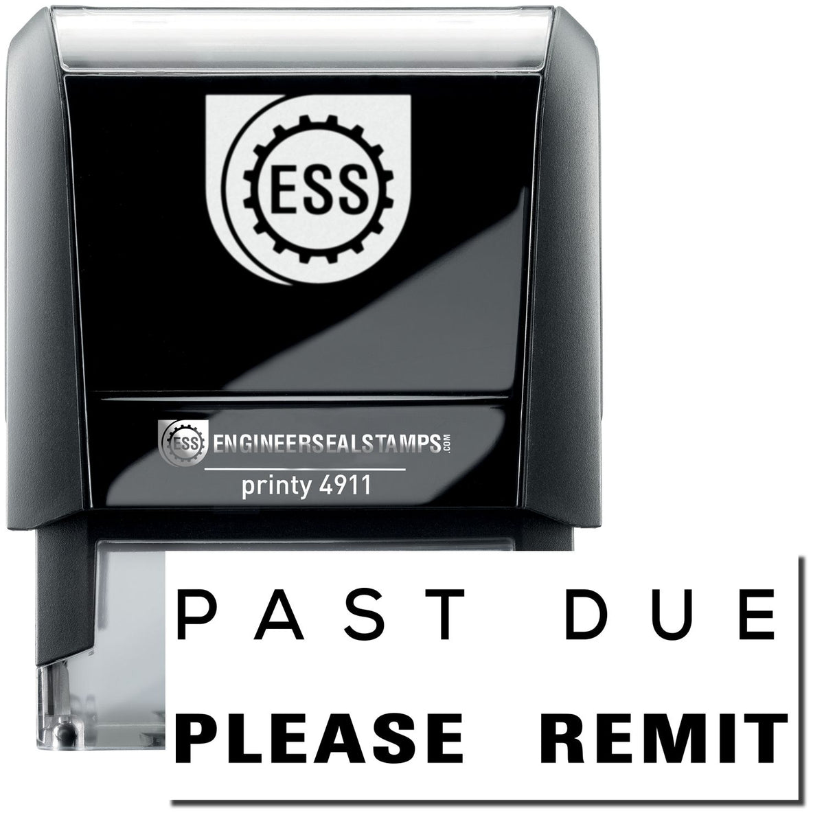 A self-inking stamp with a stamped image showing how the text &quot;PAST DUE PLEASE REMIT&quot; (&quot;PAST DUE&quot; in a narrow font and &quot;PLEASE REMIT&quot; in bold font) is displayed after stamping.