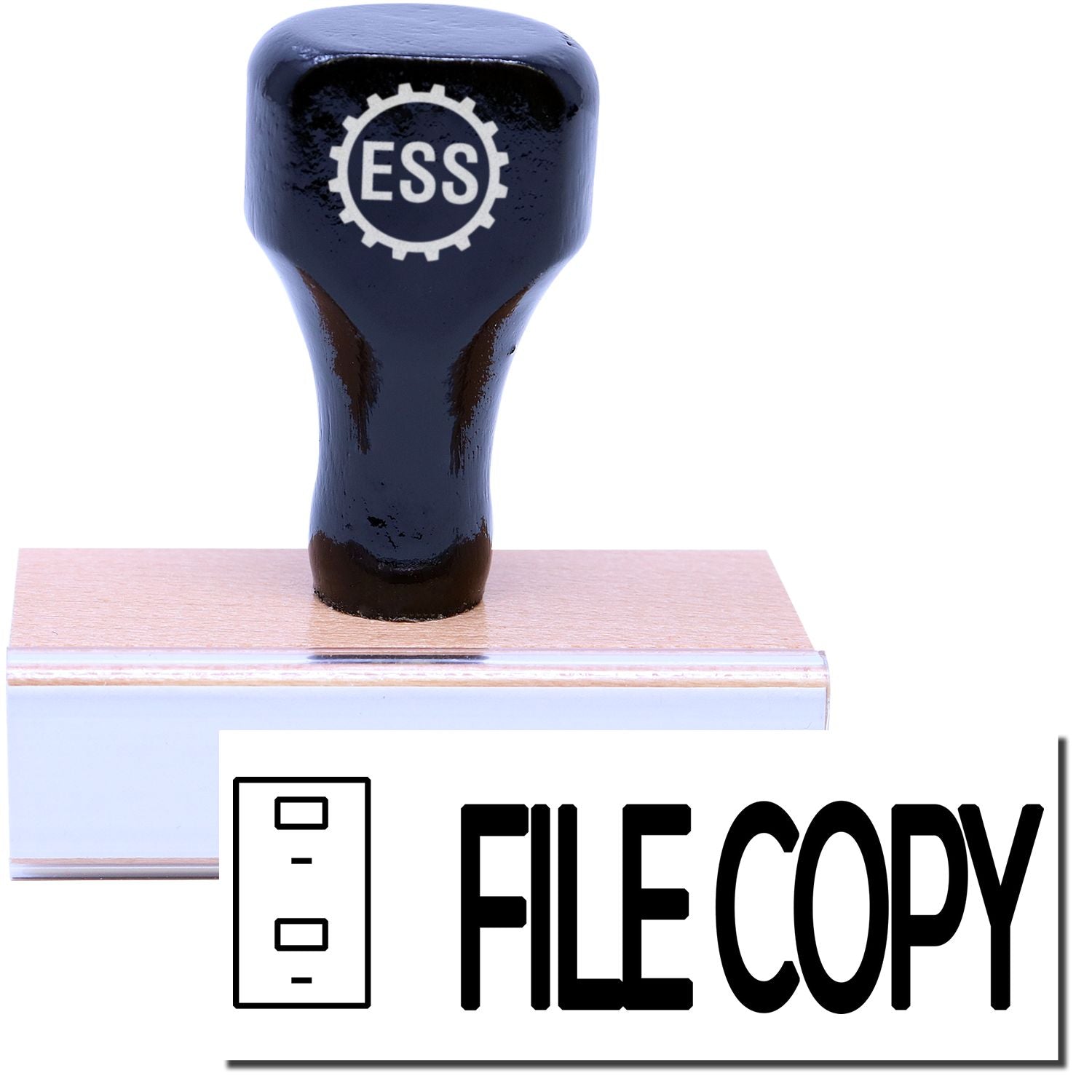 A stock office rubber stamp with a stamped image showing how the text FILE COPY in bold font with a small image of a drawer on the left side is displayed after stamping.