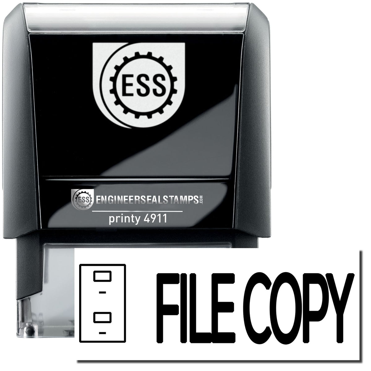A self-inking stamp with a stamped image showing how the text &quot;FILE COPY&quot; in bold font and a small image of a drawer is displayed after stamping.