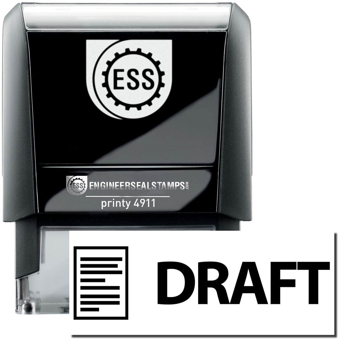 A self-inking stamp with a stamped image showing how the text &quot;DRAFT&quot; in an eye-catching font and an image of a letter on the left is displayed after stamping.