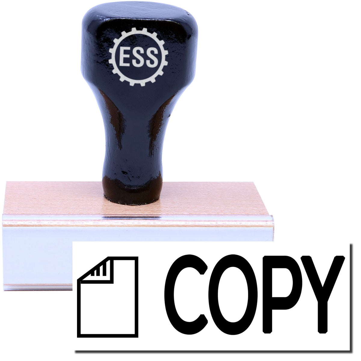 A stock office rubber stamp with a stamped image showing how the text &quot;COPY&quot; in bold font with a small image of a letter on the left side is displayed after stamping.