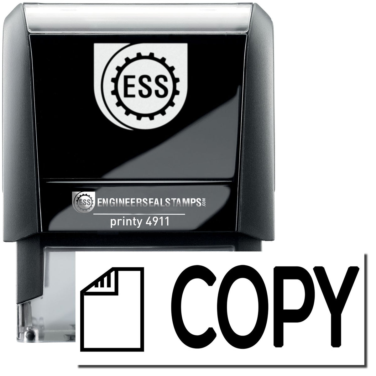 A self-inking stamp with a stamped image showing how the text &quot;COPY&quot; in bold font and a small image of a letter on the left is displayed after stamping.