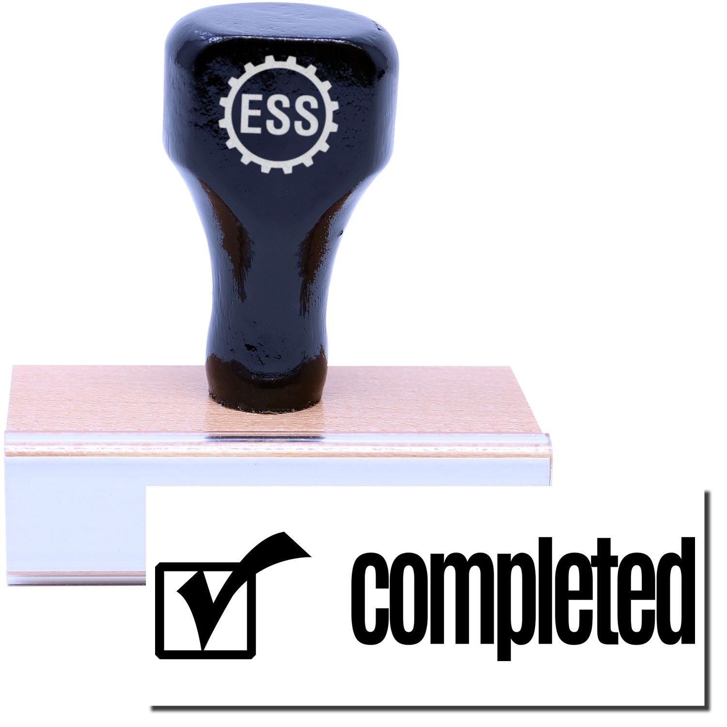 A stock office rubber stamp with a stamped image showing how the text "completed" with a checkbox icon on the left side is displayed after stamping.