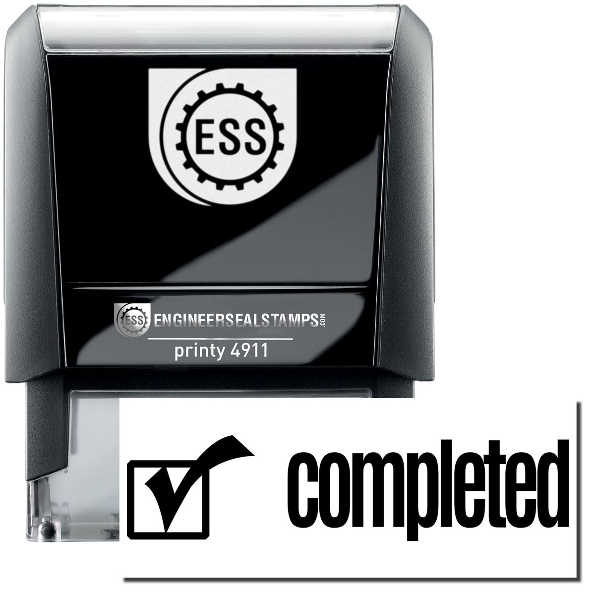 A self-inking stamp with a stamped image showing how the text &quot;completed&quot; with an icon of a checkbox on the left is displayed after stamping.