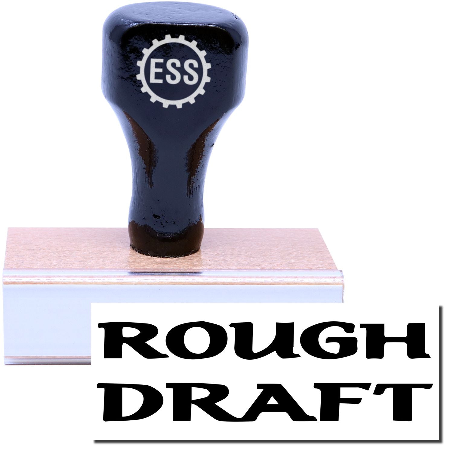 A stock office rubber stamp with a stamped image showing how the text ROUGH DRAFT in bold font is displayed after stamping.