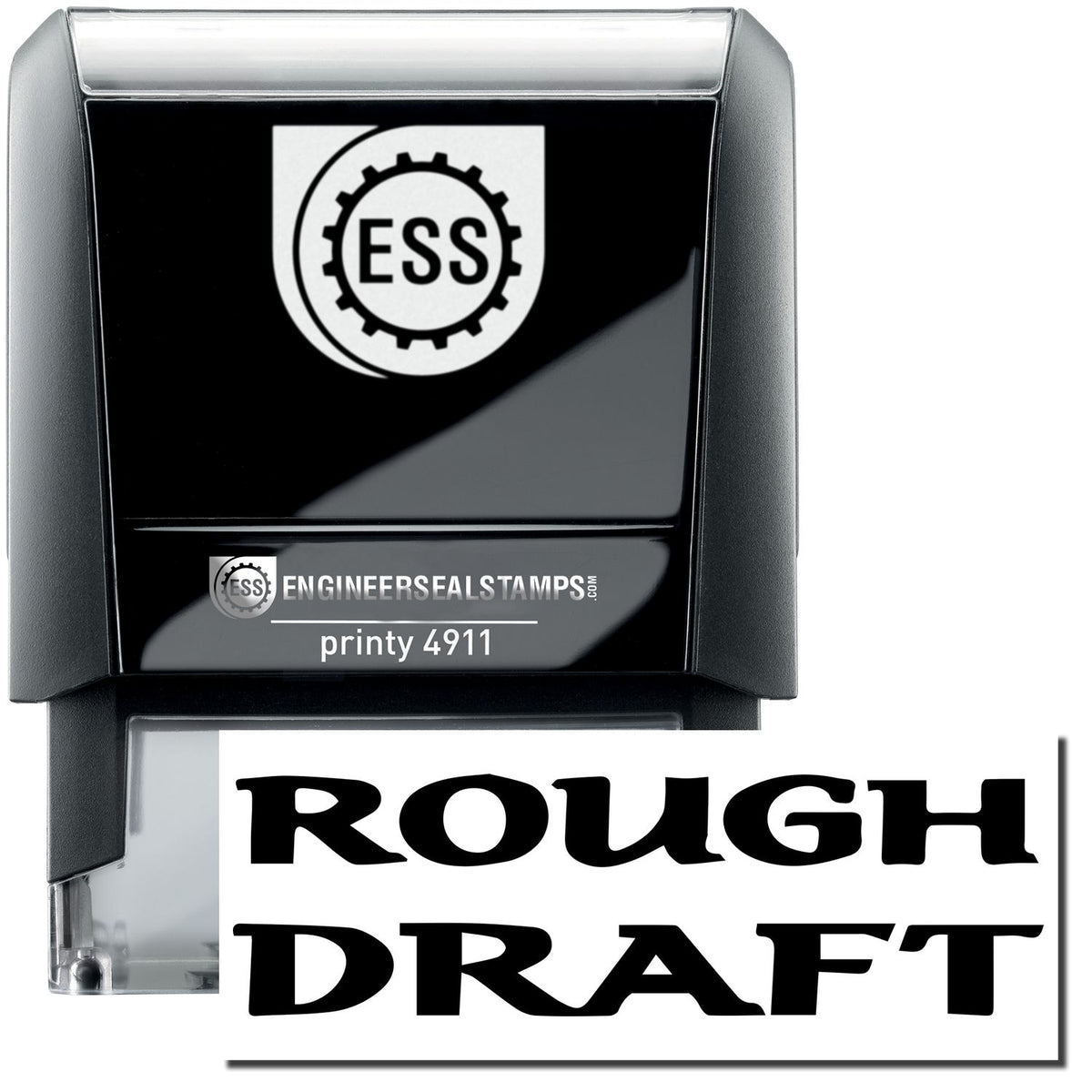 A self-inking stamp with a stamped image showing how the text &quot;ROUGH DRAFT&quot; in bold font is displayed after stamping.