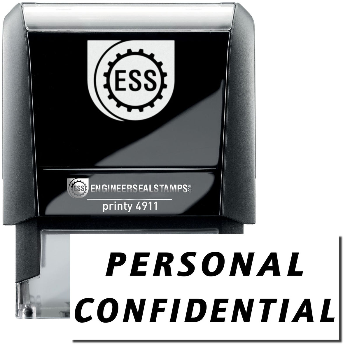 A self-inking stamp with a stamped image showing how the text &quot;PERSONAL CONFIDENTIAL&quot; in italic font is displayed after stamping.