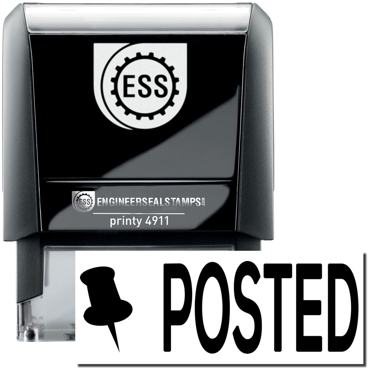 A self-inking stamp with a stamped image showing how the text &quot;POSTED&quot; in bold font and a thumbtack image on the left is displayed after stamping.