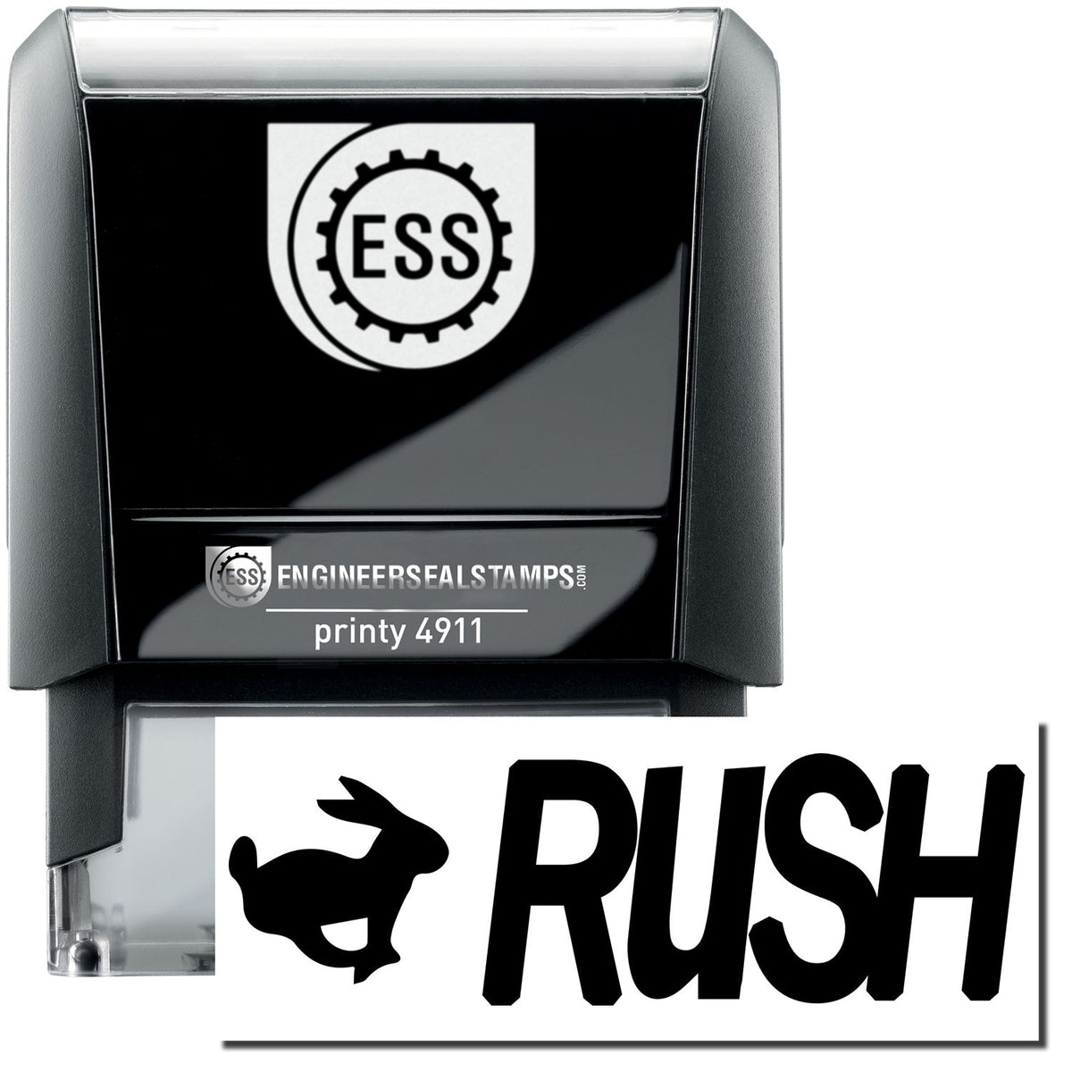 A self-inking stamp with a stamped image showing how the text &quot;RUSH&quot; in bold font and an image of a rabbit on the left is displayed after stamping.