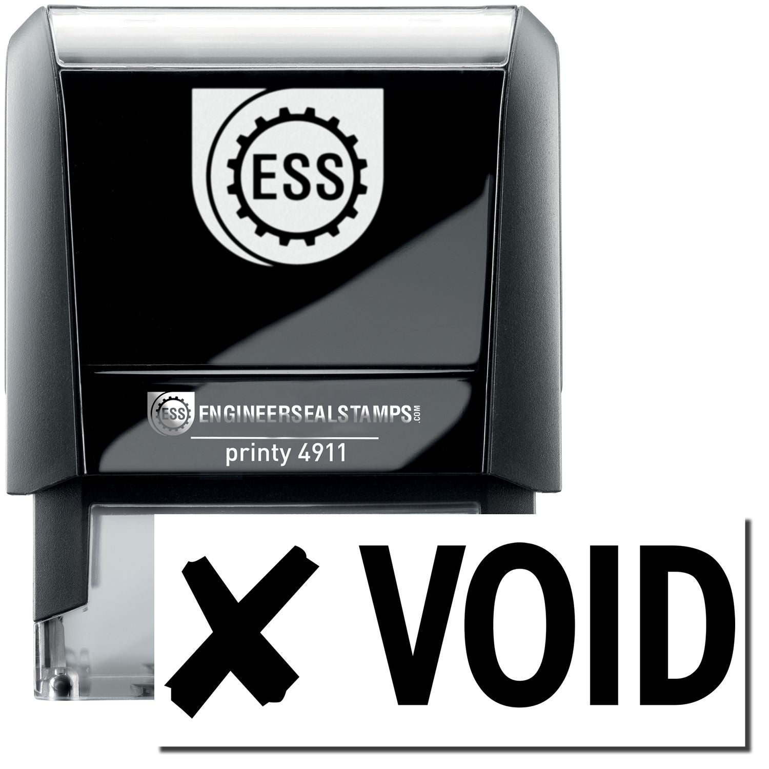 A self-inking stamp with a stamped image showing how the text VOID with an image of a cross (X) on the left is displayed after stamping.