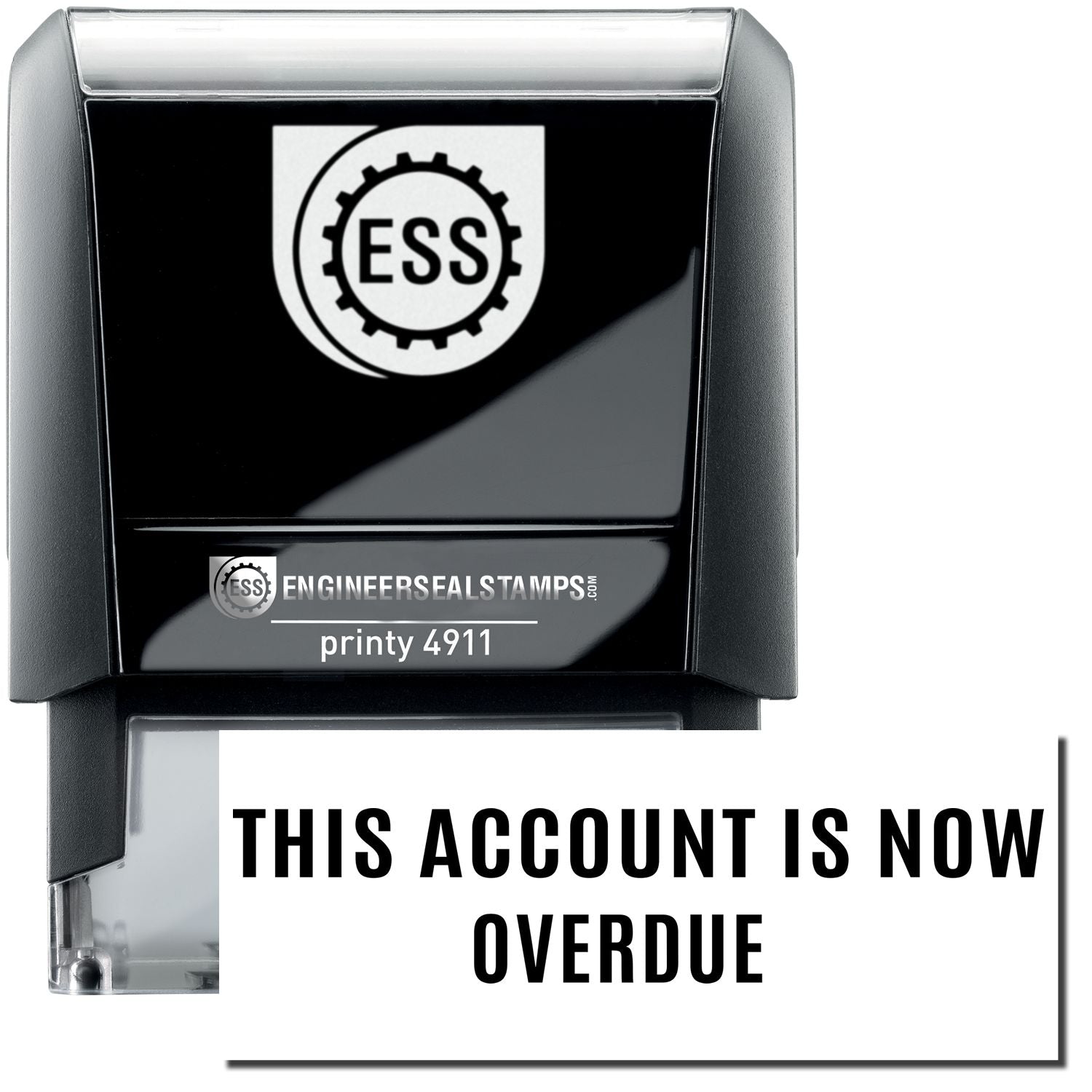 A self-inking stamp with a stamped image showing how the text "THIS ACCOUNT IS NOW OVERDUE" in a narrow font is displayed after stamping.