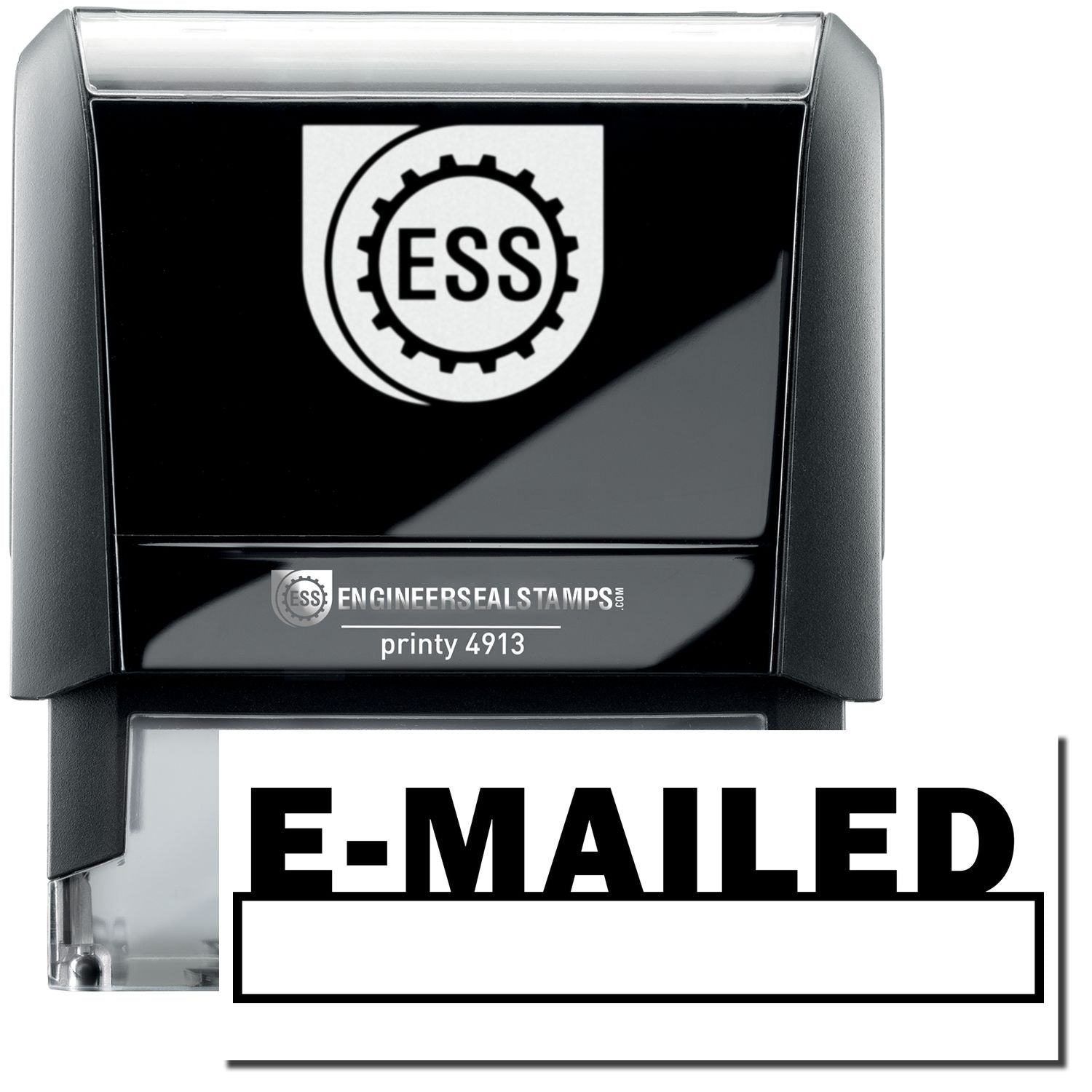 A self-inking stamp with a stamped image showing how the text "E-MAILED" in a large bold font and with a date box under it is displayed after stamping.