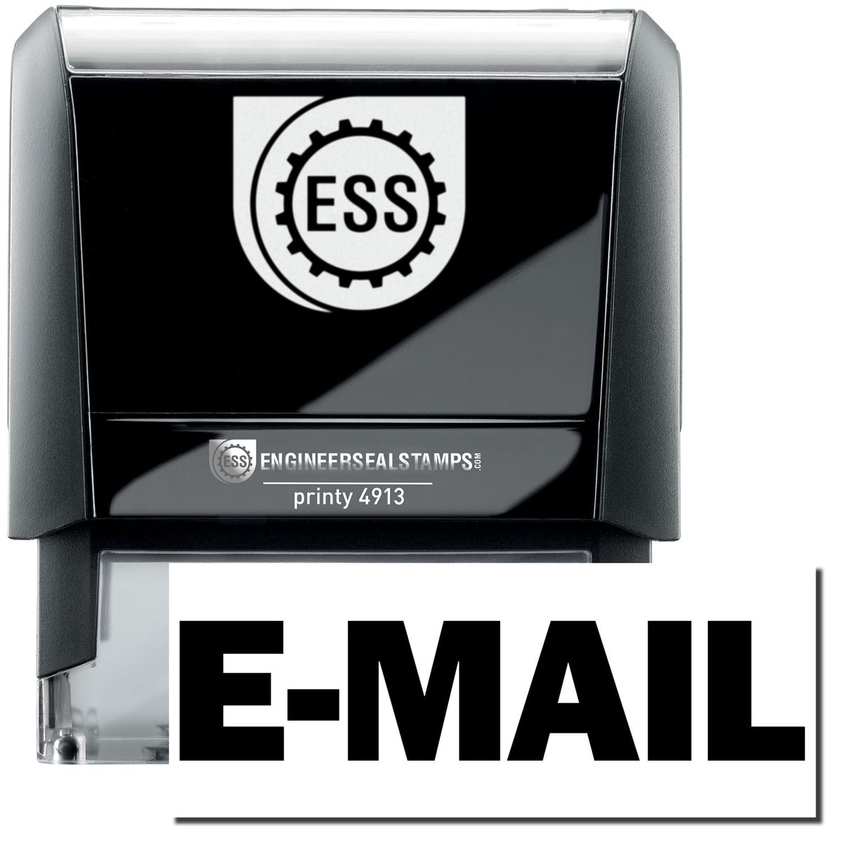 A self-inking stamp with a stamped image showing how the text &quot;E-MAIL&quot; in a large bold font is displayed by it after stamping.