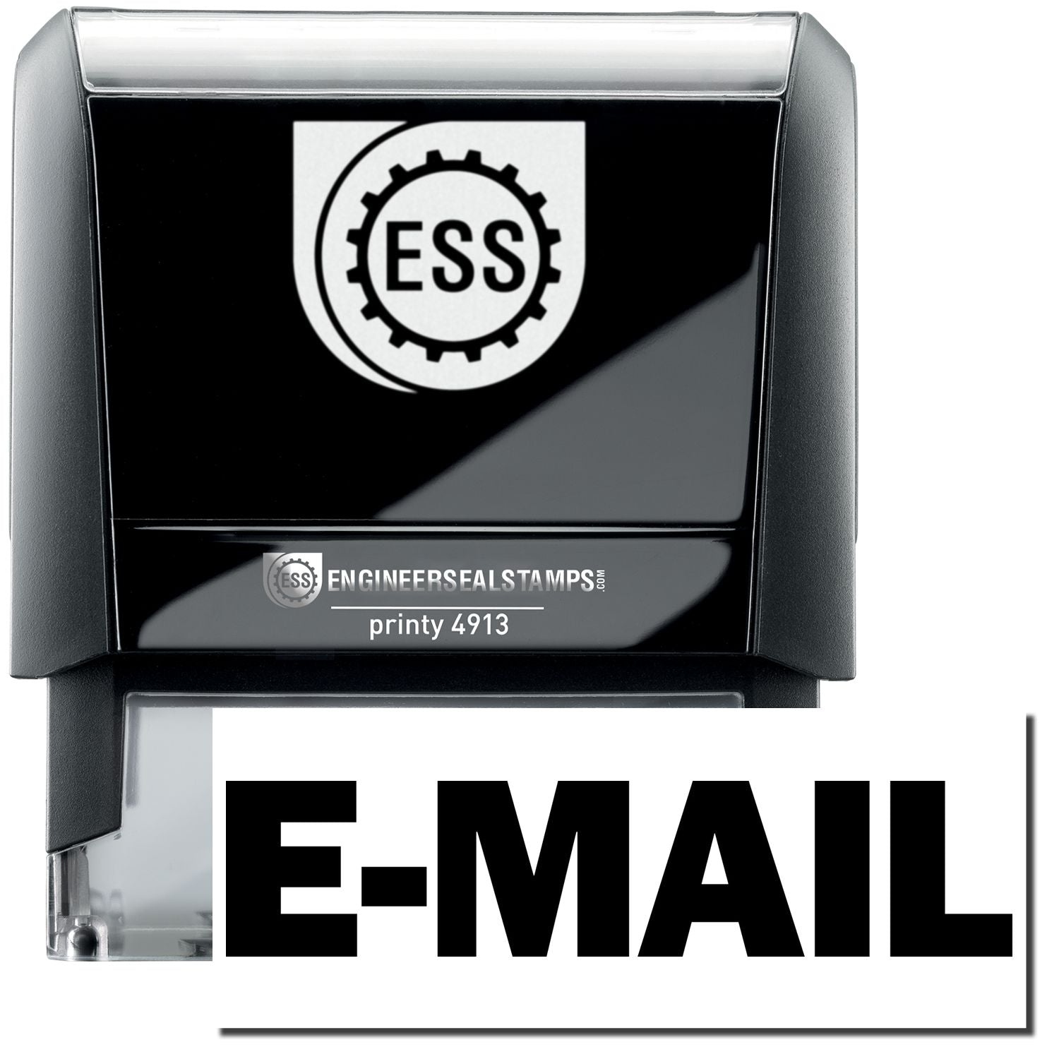 A self-inking stamp with a stamped image showing how the text "E-MAIL" in a large bold font is displayed by it after stamping.