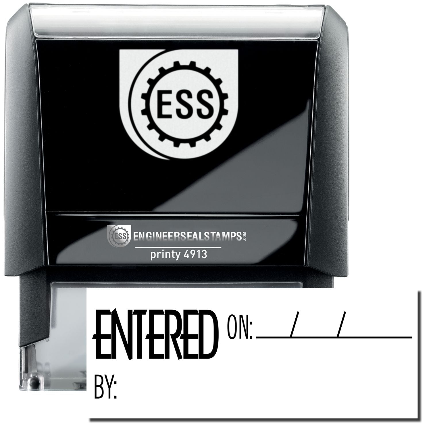 A self-inking stamp with a stamped image showing how the text "ENTERED ON" with space for mentioning a date and the name of the person who did the work is displayed by it after stamping.
