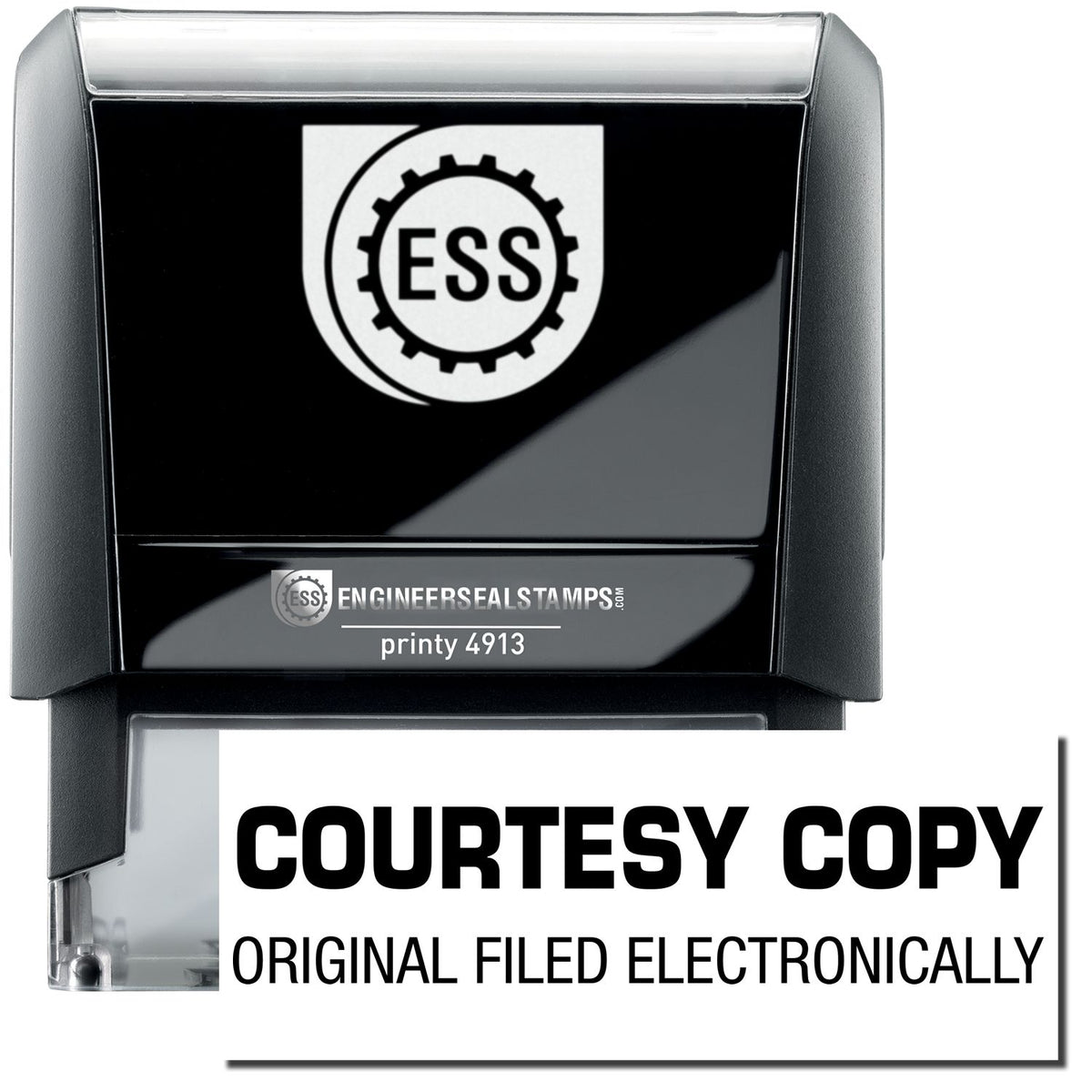 A self-inking stamp with a stamped image showing how the texts &quot;COURTESY COPY&quot; in a large bold font and &quot;ORIGINAL FILED ELECTRONICALLY&quot; mentioned under it is displayed after stamping.
