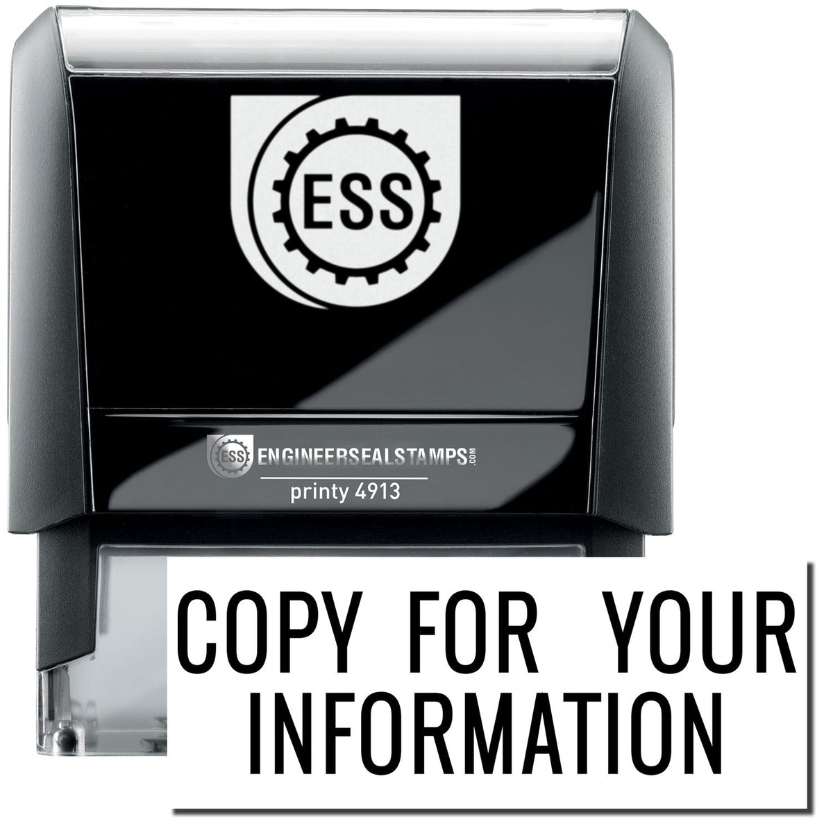 A self-inking stamp with a stamped image showing how the text &quot;COPY FOR YOUR INFORMATION&quot; in a large narrow font is displayed by it after stamping.