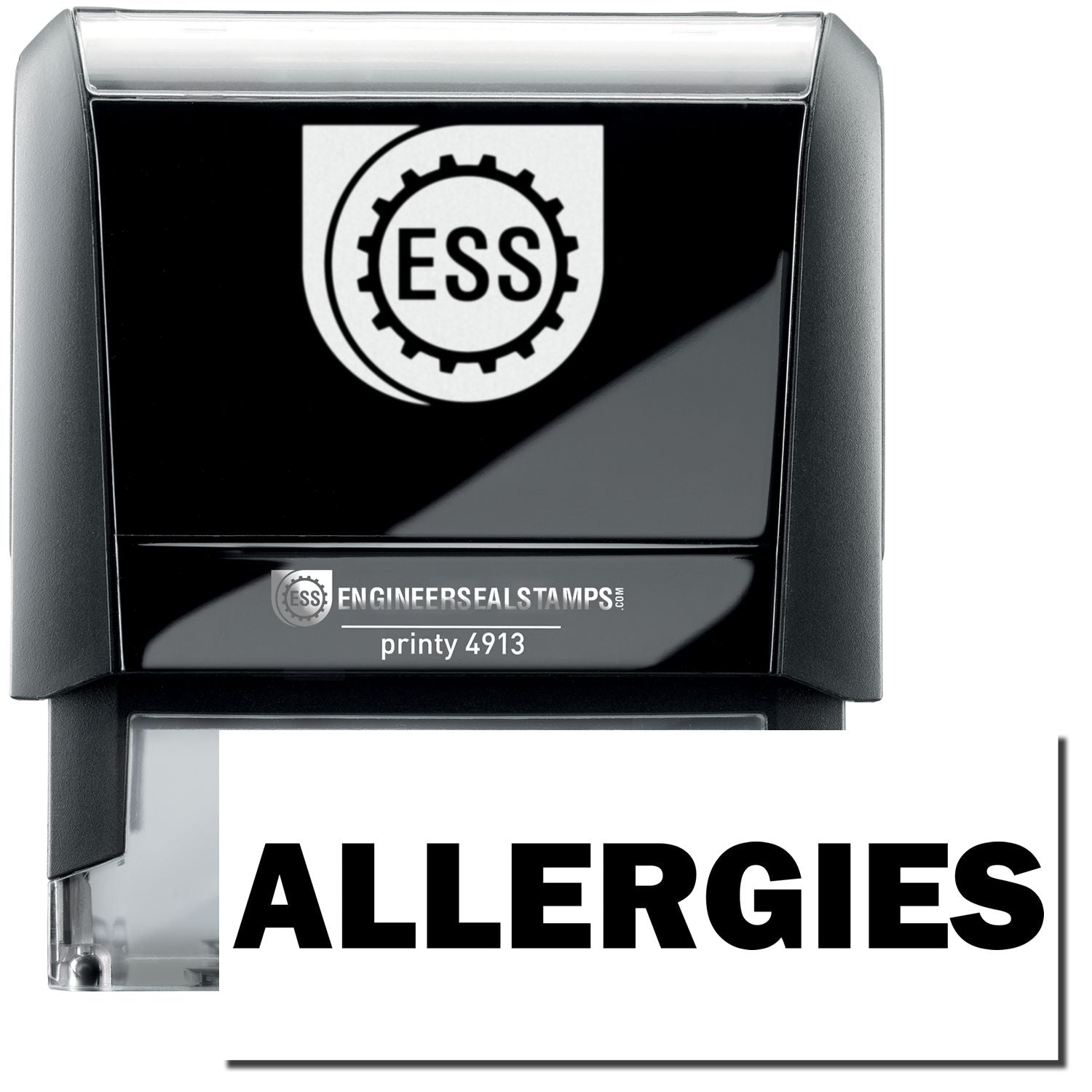 A self-inking stamp with a stamped image showing how the text ALLERGIES in a large bold font is displayed by it after stamping.