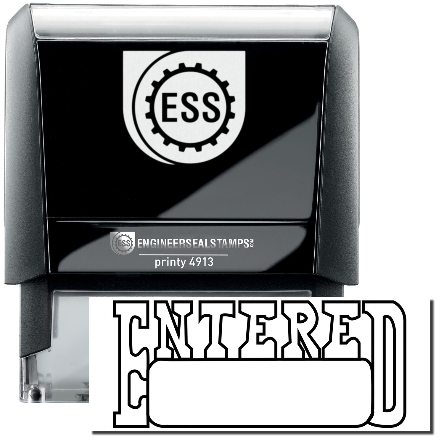 A self-inking stamp with a stamped image showing how the text "ENTERED" in a large outline font with a date box is displayed by it after stamping.