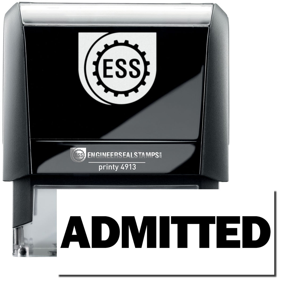 A self-inking stamp with a stamped image showing how the text &quot;ADMITTED&quot; in a large bold font is displayed by it after stamping.