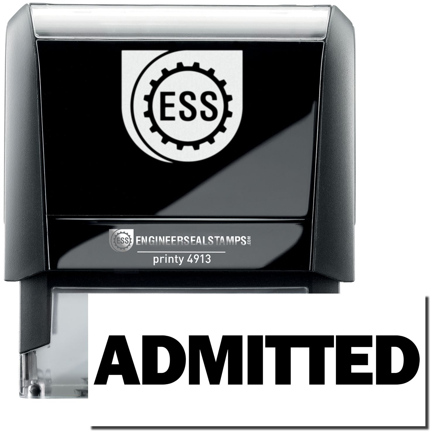A self-inking stamp with a stamped image showing how the text "ADMITTED" in a large bold font is displayed by it after stamping.