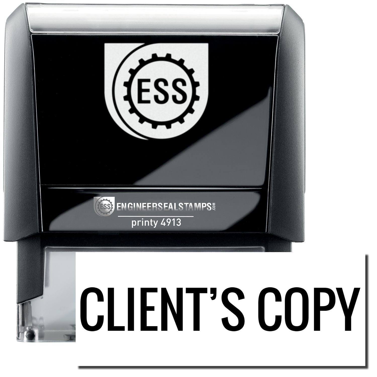 A self-inking stamp with a stamped image showing how the text "CLIENT'S COPY" in a large font is displayed by it after stamping.