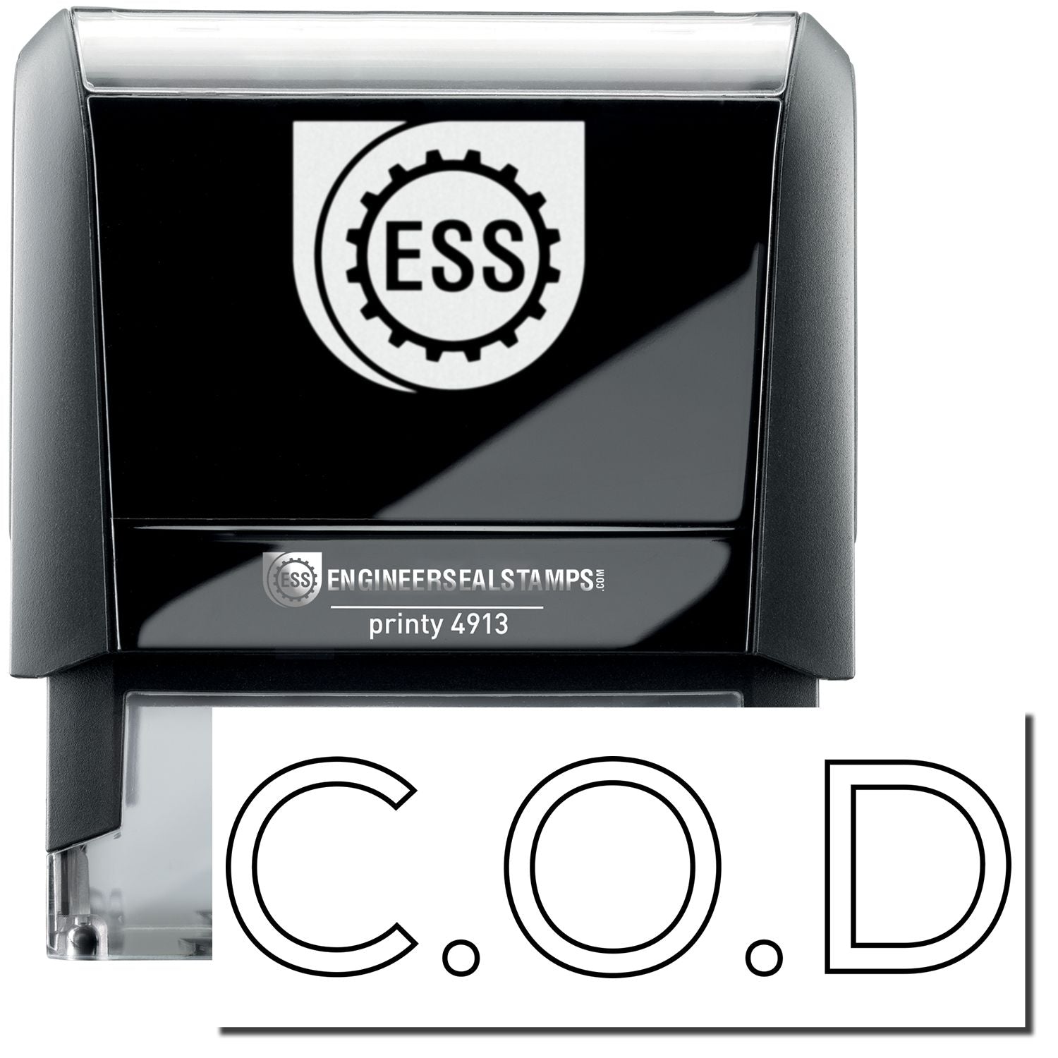 A self-inking stamp with a stamped image showing how the text "C.O.D." in a large outline font is displayed by it after stamping.