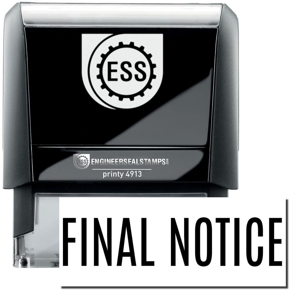 A self-inking stamp with a stamped image showing how the text &quot;FINAL NOTICE&quot; in a large narrow font is displayed by it after stamping.