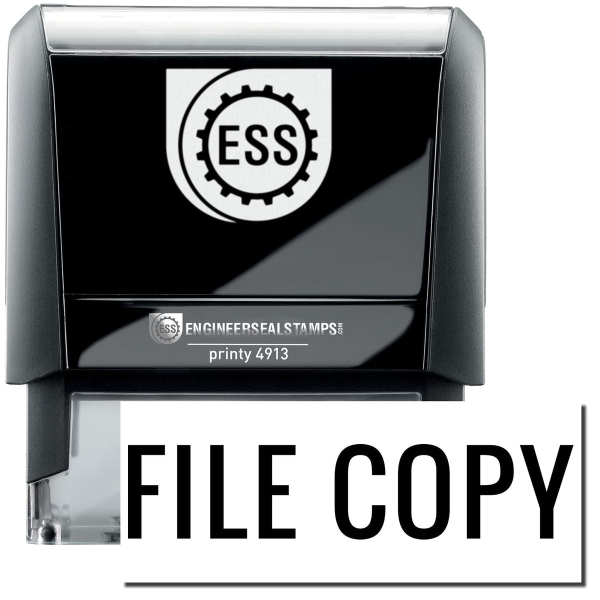 A self-inking stamp with a stamped image showing how the text &quot;FILE COPY&quot; in a large narrow font is displayed by it after stamping.