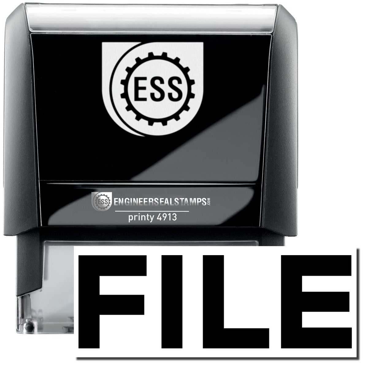 A self-inking stamp with a stamped image showing how the text &quot;FILE&quot; in a large bold font is displayed by it after stamping.
