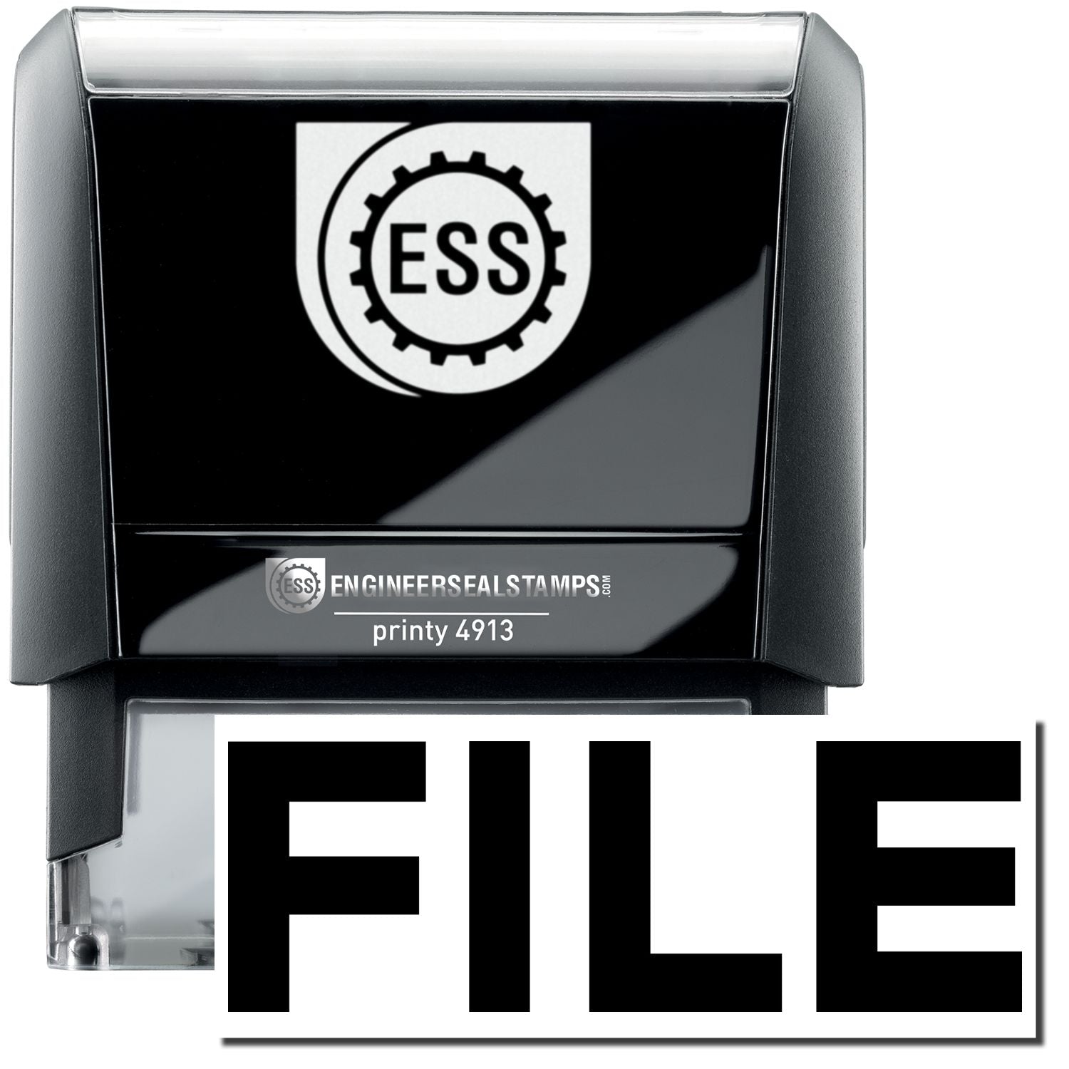 A self-inking stamp with a stamped image showing how the text "FILE" in a large bold font is displayed by it after stamping.
