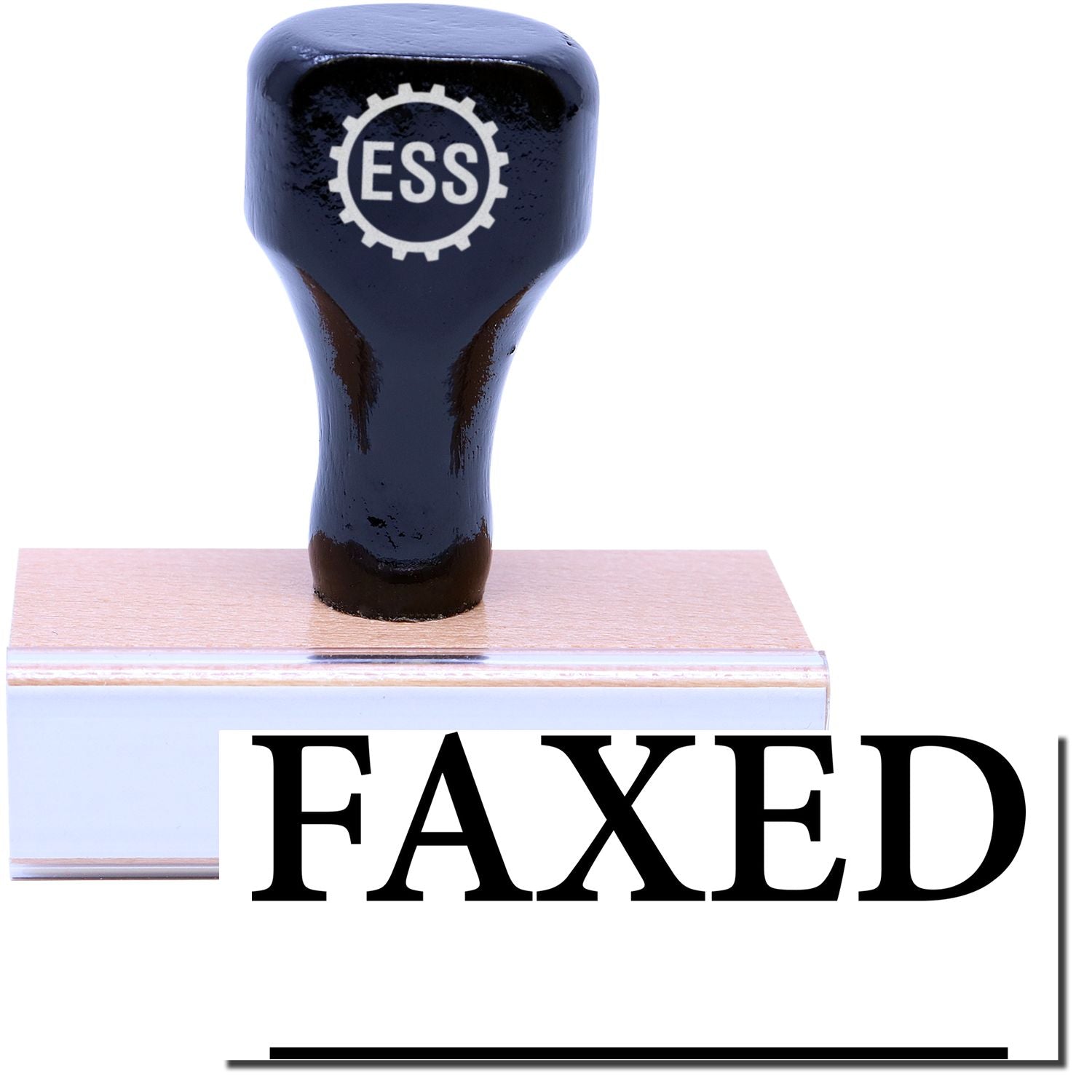 A stock office rubber stamp with a stamped image showing how the text "FAXED" in a large times font with a line underneath the text is displayed after stamping.