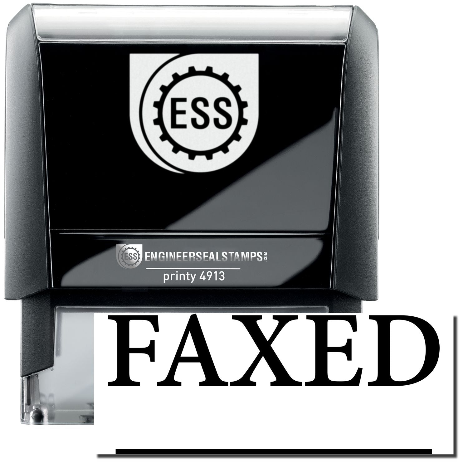 A self-inking stamp with a stamped image showing how the text "FAXED" in a large font with a line is displayed by it after stamping.