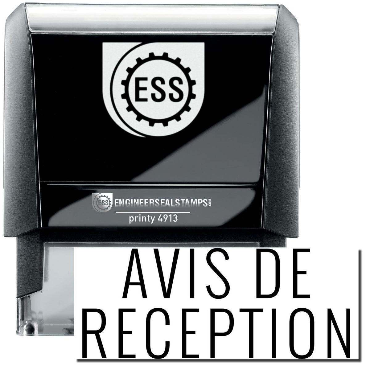 A self-inking stamp with a stamped image showing how the text &quot;AVIS DE RECEPTION&quot; in a large font is displayed by it after stamping.