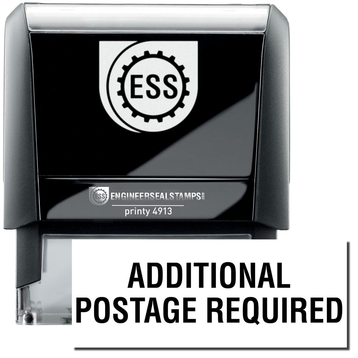 A self-inking stamp with a stamped image showing how the text &quot;ADDITIONAL POSTAGE REQUIRED&quot; in a large font is displayed by it after stamping.