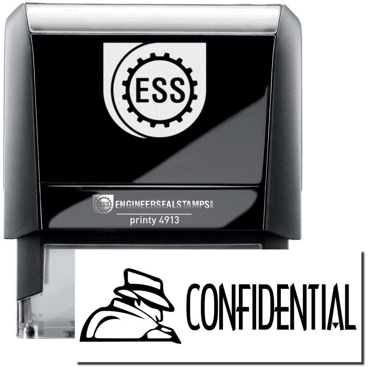 A self-inking stamp with a stamped image showing how the text &quot;CONFIDENTIAL&quot; in a large font with a logo is displayed by it after stamping.
