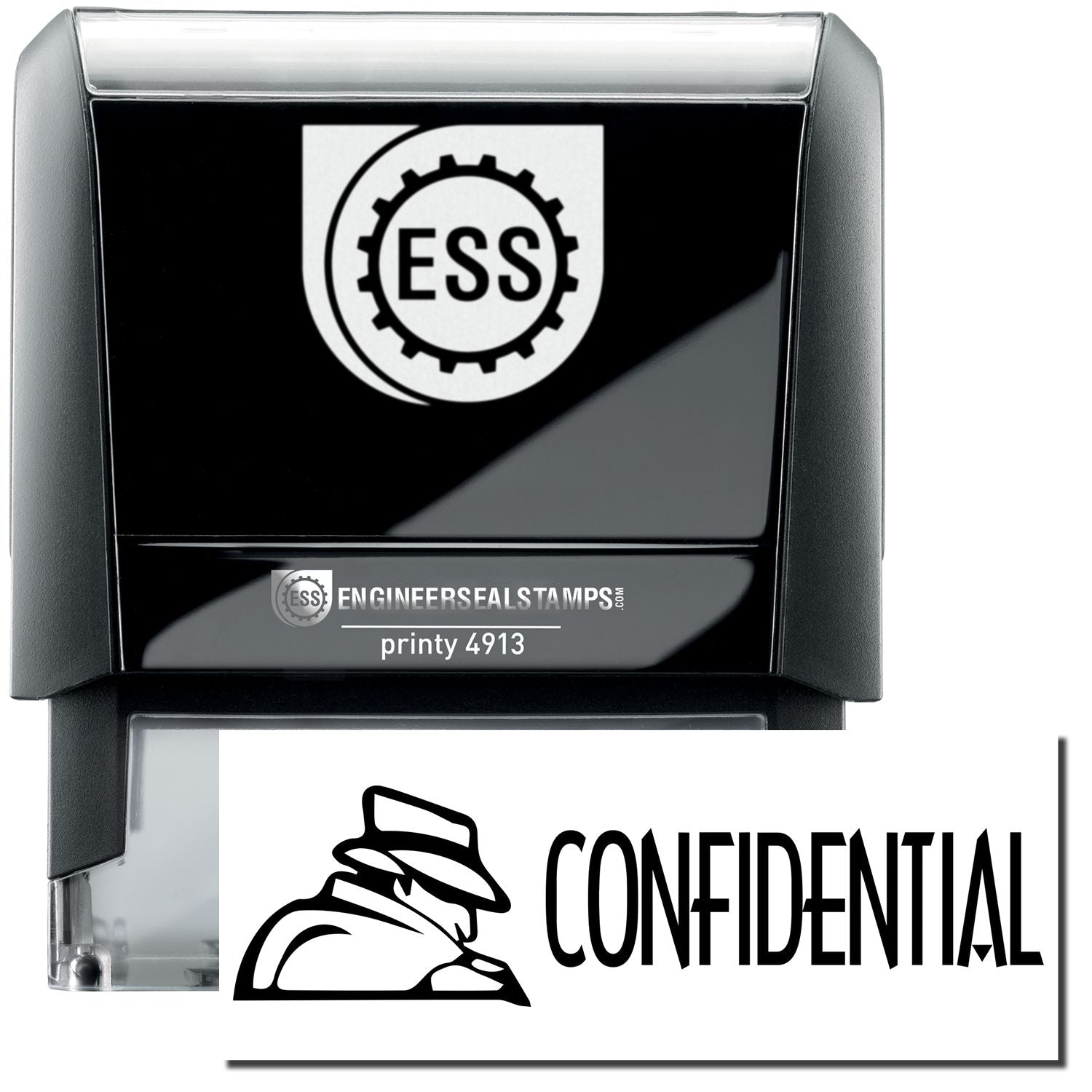 A self-inking stamp with a stamped image showing how the text "CONFIDENTIAL" in a large font with a logo is displayed by it after stamping.