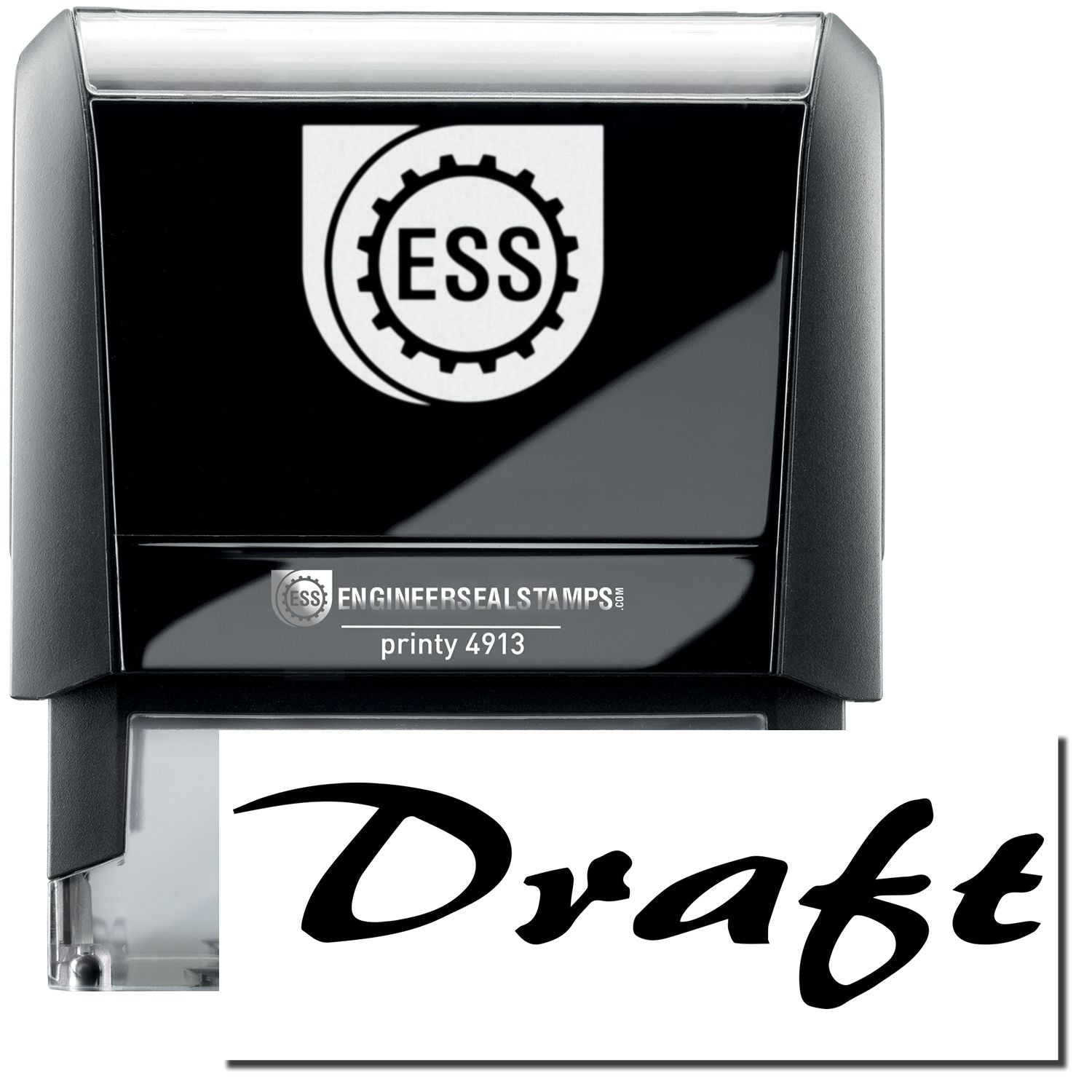 A self-inking stamp with a stamped image showing how the text Draft in a large cursive font is displayed by it after stamping.