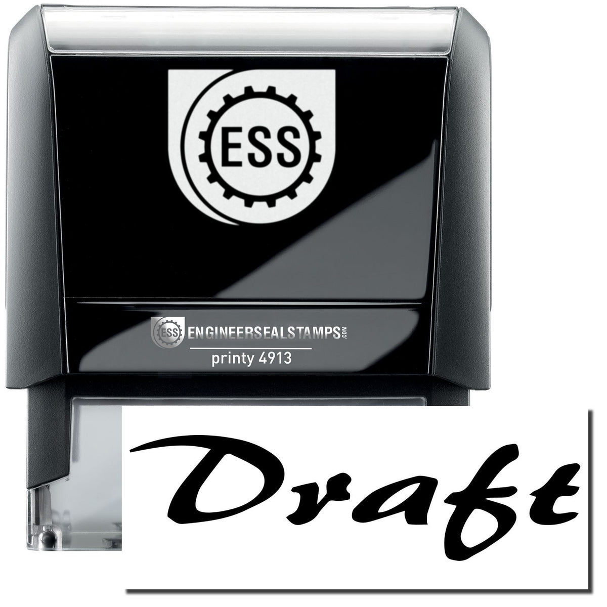 A self-inking stamp with a stamped image showing how the text &quot;Draft&quot; in a large cursive font is displayed by it after stamping.