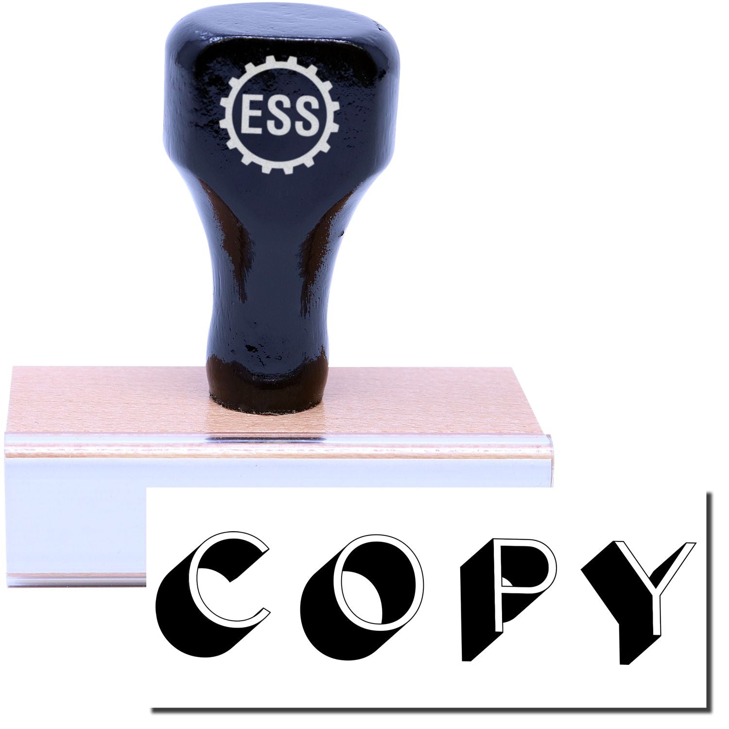 A stock office rubber stamp with a stamped image showing how the text "COPY" in a large font with a shadow behind the word is displayed after stamping.