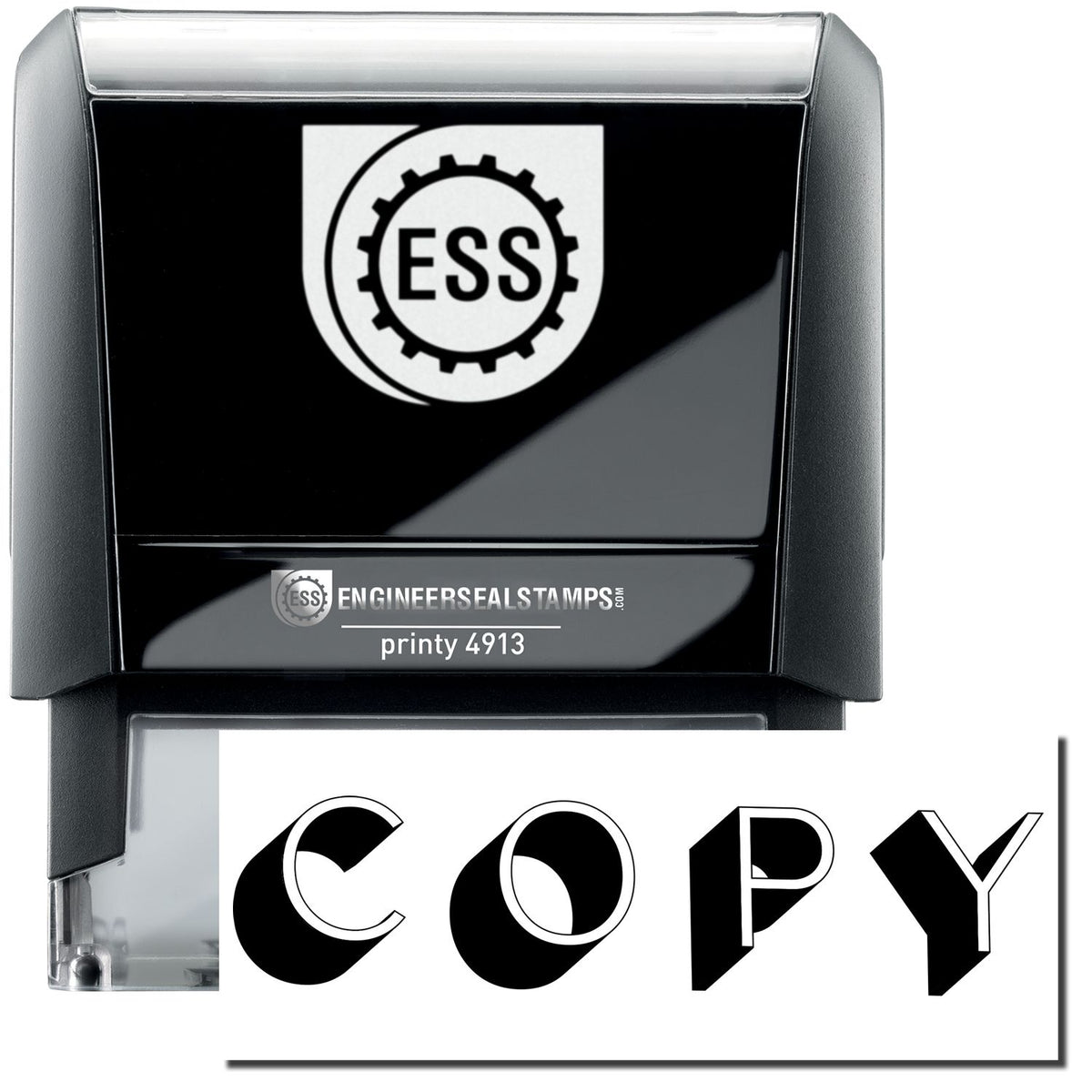 A self-inking stamp with a stamped image showing how the text &quot;COPY&quot; in a large outline font with a shadow behind it is displayed after stamping.