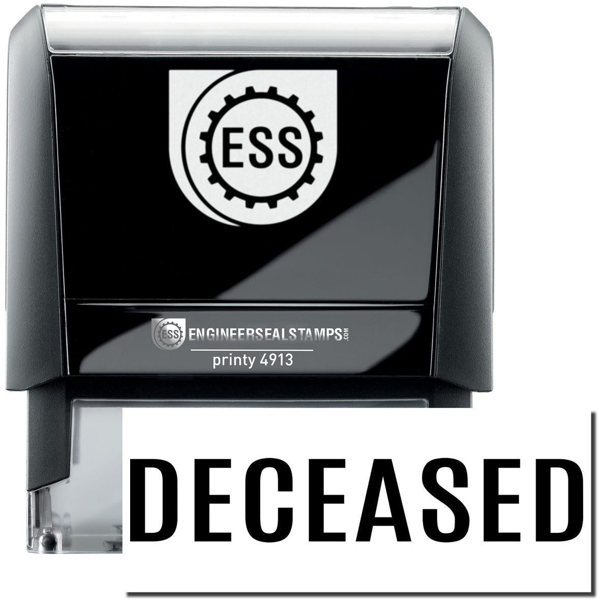 A self-inking stamp with a stamped image showing how the text &quot;DECEASED&quot; in a large bold font is displayed by it after stamping.