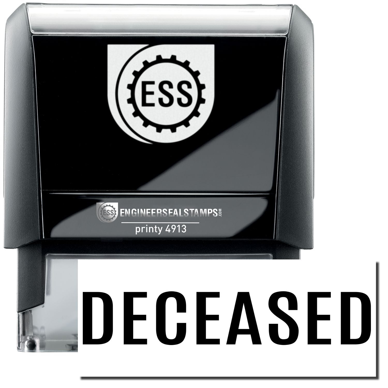 A self-inking stamp with a stamped image showing how the text "DECEASED" in a large bold font is displayed by it after stamping.