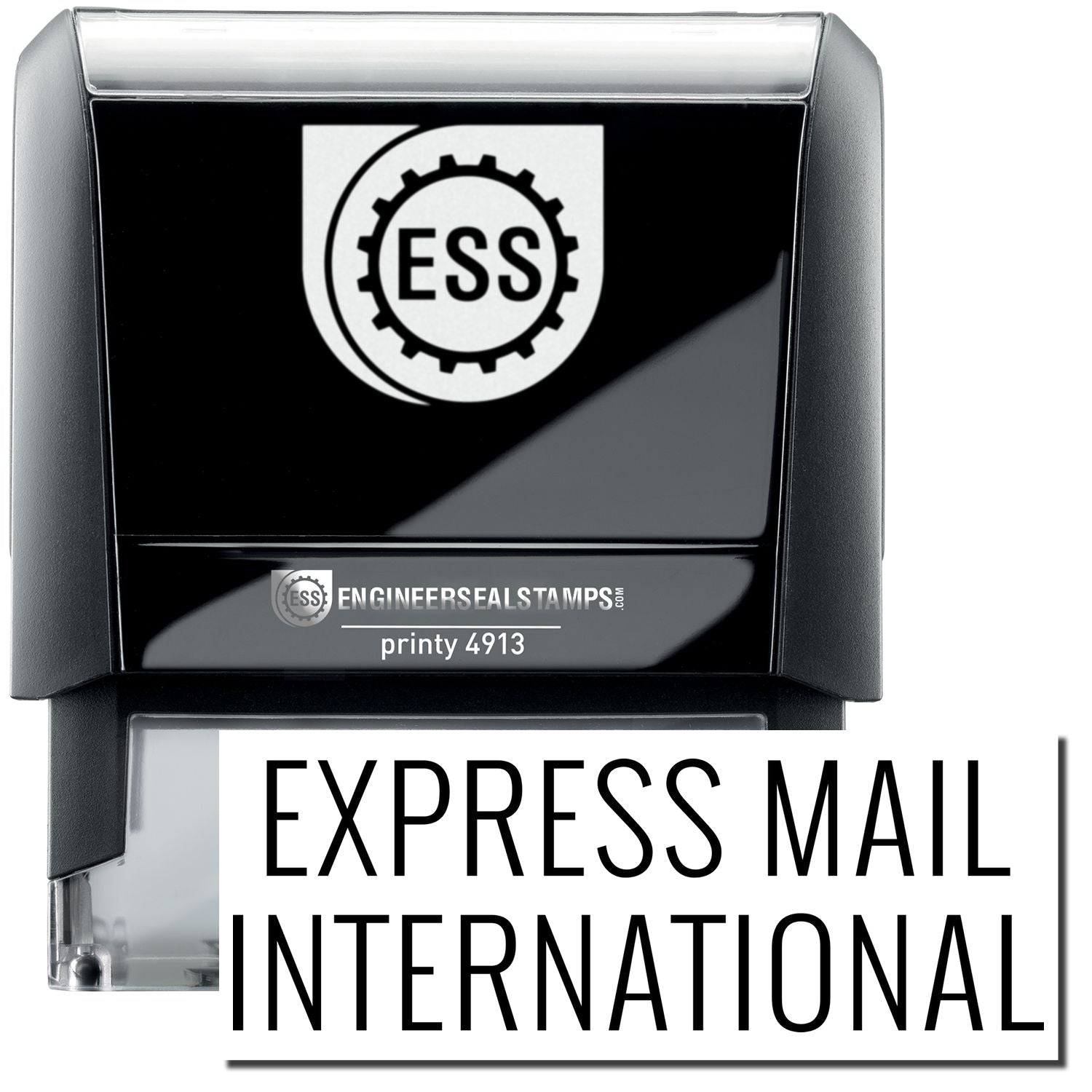A self-inking stamp with a stamped image showing how the text "EXPRESS MAIL INTERNATIONAL" in a large font is displayed by it after stamping.
