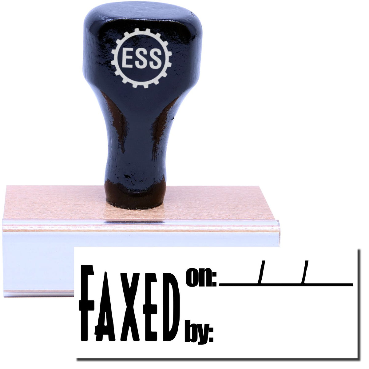 A stock office rubber stamp with a stamped image showing how the text &quot;FAXED on:&quot; in a large font with the space to write the date and name of the person (&quot;by:&quot;) is displayed after stamping.