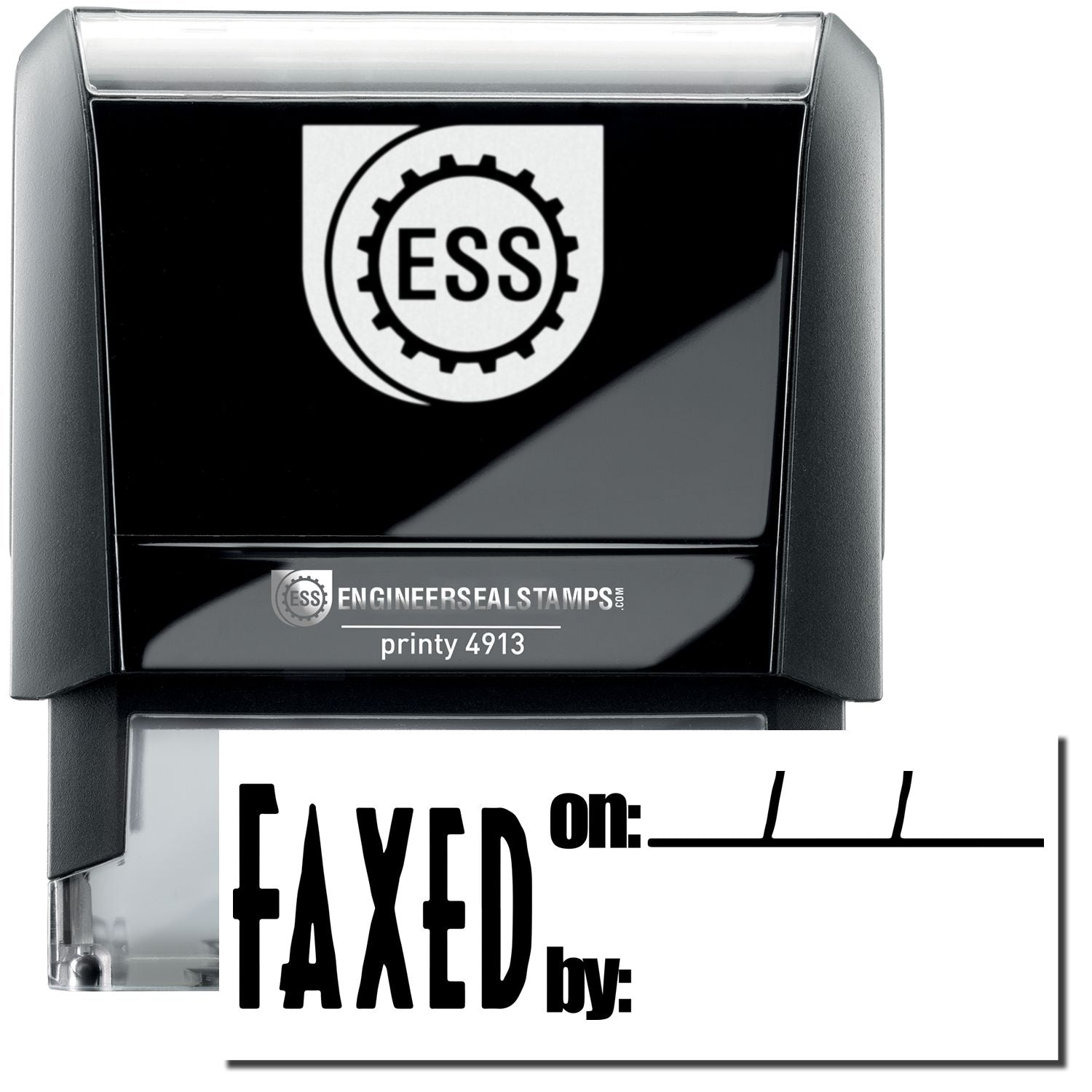 A self-inking stamp with a stamped image showing how the text "FAXED on: ___/___/___ by:" is displayed by it after stamping showing a space to mention the date and who is sending the fax.
