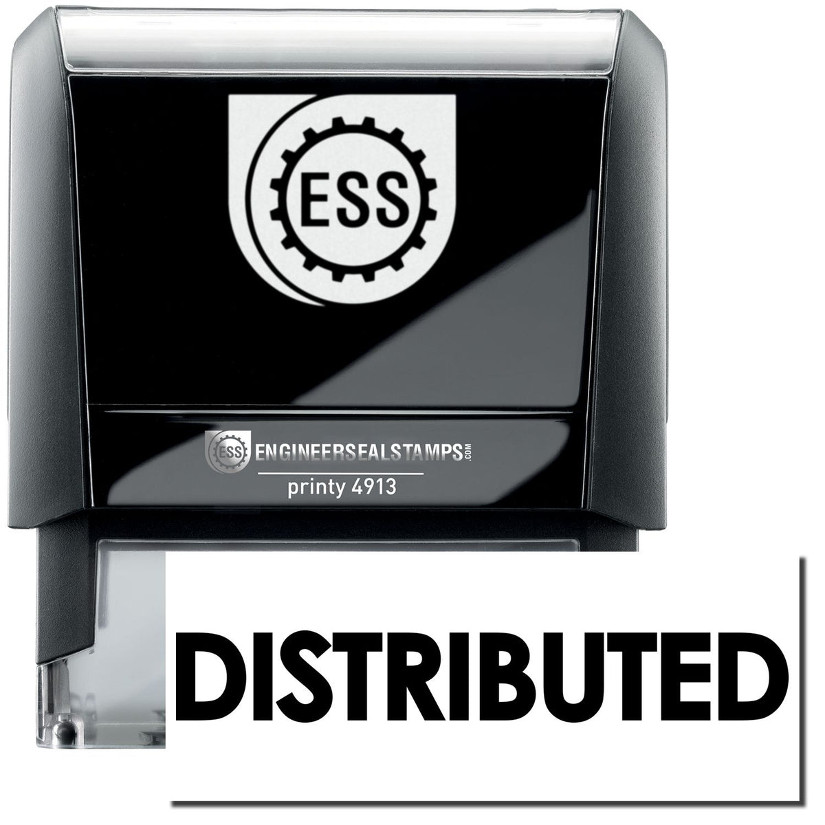 A self-inking stamp with a stamped image showing how the text &quot;DISTRIBUTED&quot; in large bold font is displayed by it after stamping.