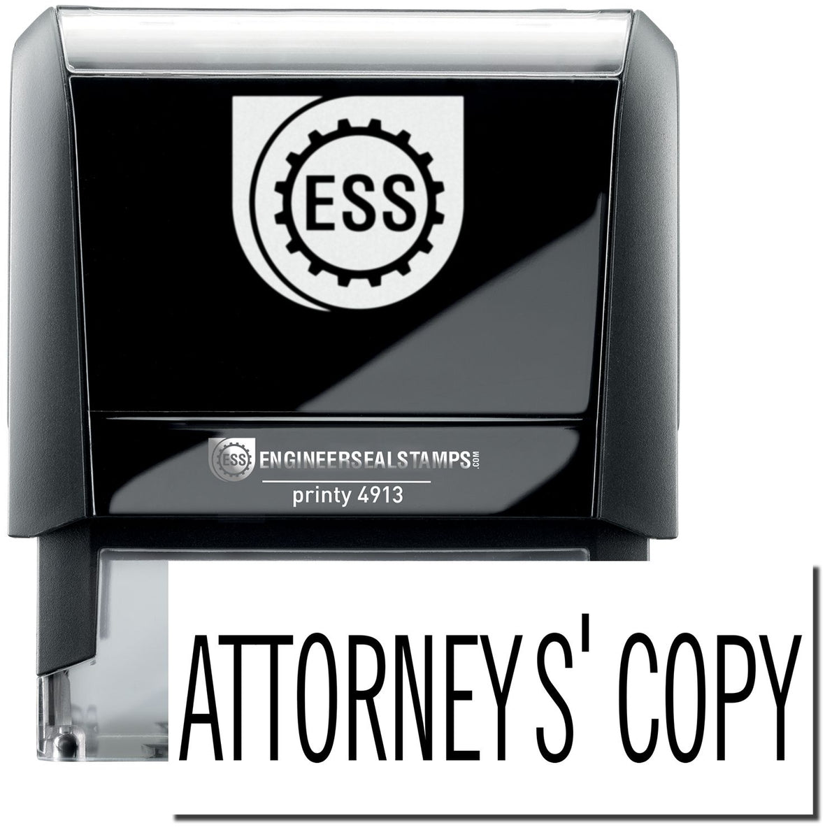A self-inking stamp with a stamped image showing how the text &quot;ATTORNEYS&#39; COPY&quot; in a large font is displayed by it after stamping.