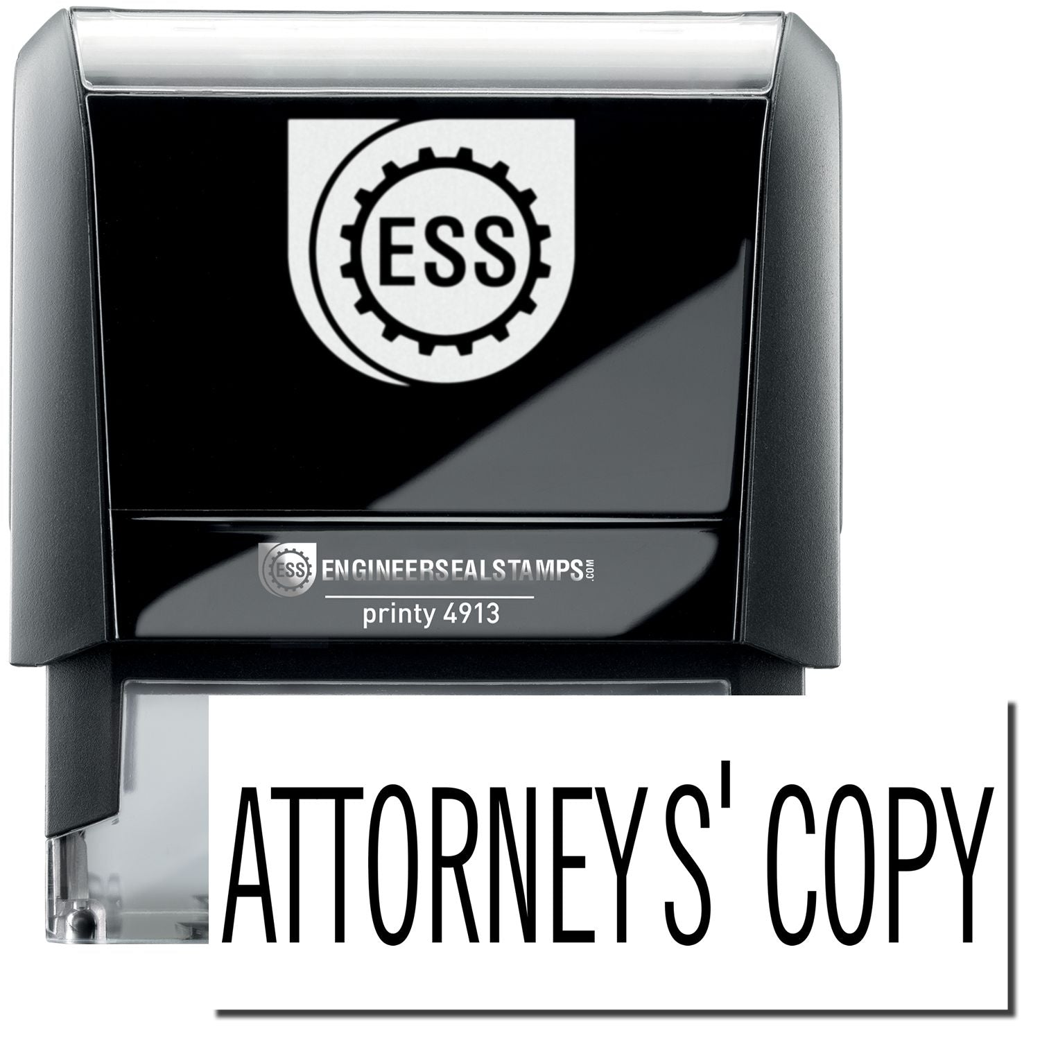 A self-inking stamp with a stamped image showing how the text "ATTORNEYS' COPY" in a large font is displayed by it after stamping.