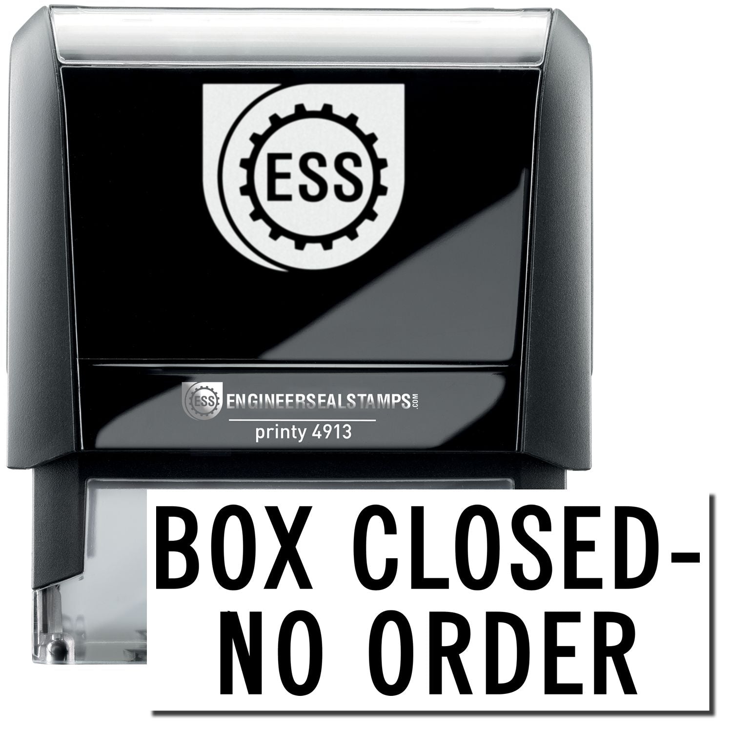 A self-inking stamp with a stamped image showing how the text BOX CLOSED - NO ORDER in a large font is displayed by it after stamping.